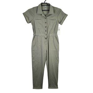 Womens Mono B Olive Green Utility Jumpsuit Button Up Front Short Sleeves Size M